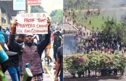File image of a protester in the CBD and some of the protesters at the Parliament Building on June 25, 2024.